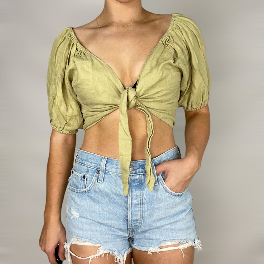 POSSE Mia Plunge‎ Linen Tie Front Crop Top Boho Lightweight Summer Casual Sz 8
